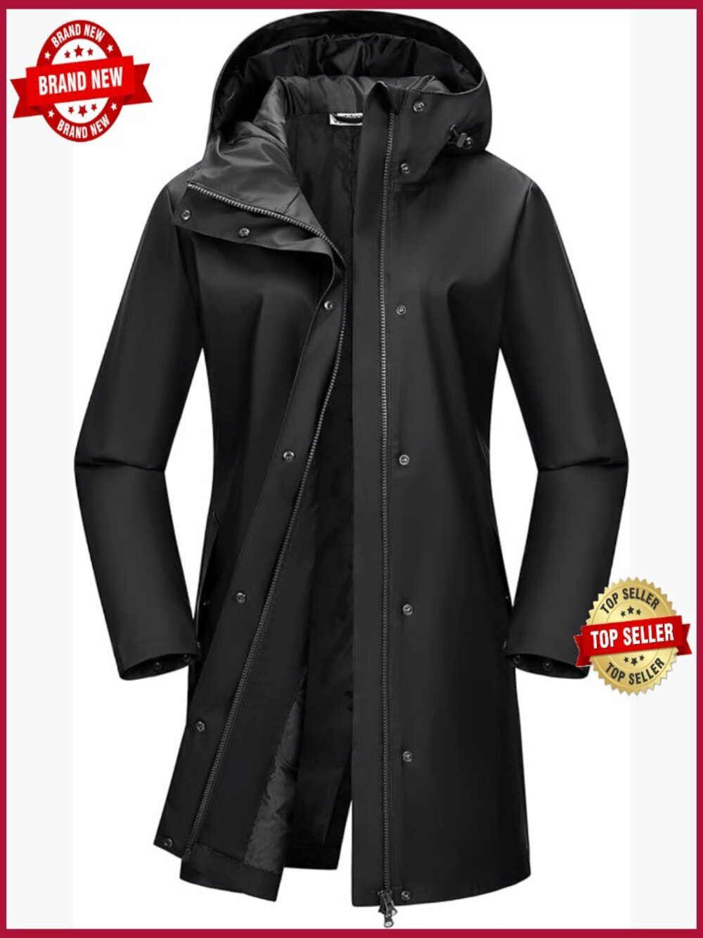 Waterproof Long Rain Jacket Lightweight Hooded Trench Coat PU Windbreaker